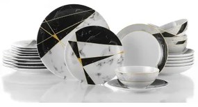 Set de masă, 24 piese, porțelan, negru/alb/auriu