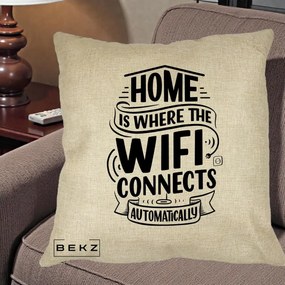 Perna Decorativa Home Is Where WiFi Connects, 40x40 cm, Crem, Husa Detasabila, Perna Inclusa, BEKZ®
