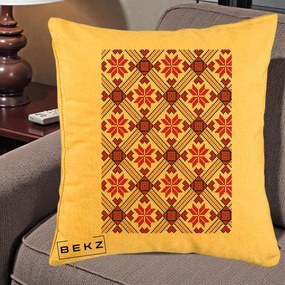Perna Personalizata Motiv Traditional Ie Romaneasca Rosu, 40x40 cm, Galben, Husa Detasabila, Perna Inclusa, BEKZ®
