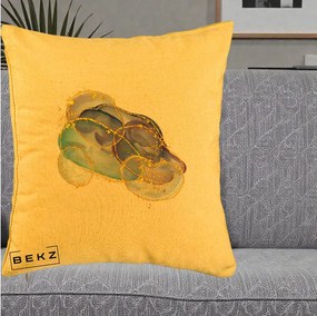 Perna Decorativa Abstract Acuarela Albastru-Mov cu Cercuri Aurii, 40x40 cm, Galben, Husa Detasabila, Perna Inclusa, BEKZ®