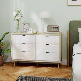 HOMCOM Comodă cu 6 Sertare din Lemn 110x40x75 cm Alb Lucios și Stejar | Aosom Romania