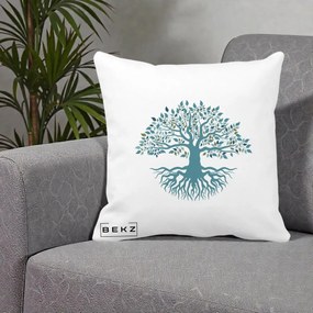 Perna Decorativa Copacul Vietii Teal cu Radacini, 40x40 cm, Alba Mata, Husa Detasabila, Perna Inclusa, BEKZ®