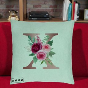 Cadou Personalizat - Perna Personalizata Monograma Rose Gold Litera X, 40x40 cm, Verde Menta, Husa Detasabila, Perna Inclusa, BEKZ®