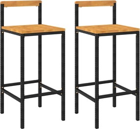 vidaXL Scaune de bar 2 buc negru, poliratan și lemn masiv acacia