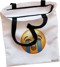 Sacosa de Panza pentru Cumparaturi, Geanta Tote, model Crying Emoji, Cu fermoar, 38x34.5 cm, Alba, BEKZ®