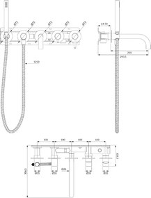 Baterie cada - dus incastrata Omnires Y 5 orificii negru cu corp ingropat si set de dus