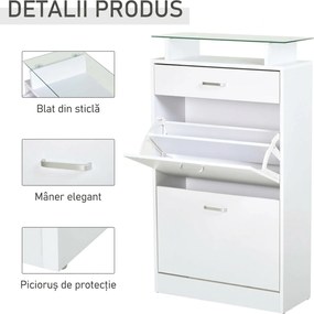 HOMCOM Dulap pentru Pantofi cu 2 Uși pe 2 Niveluri, Sertar și Raft din Sticlă, Dulap pentru Pantofi, 60x24x105,5 cm, Alb | Aosom Romania