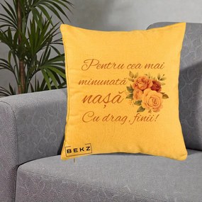 Cadou pentru Nasa - Perna Personalizata Pentru Cea mai Minunata Nasa Cu drag Finii, 40x40 cm, Galben, Husa Detasabila, Perna Inclusa, BEKZ®