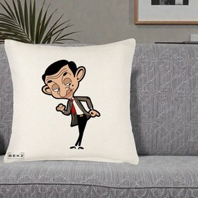 Perna Personalizata Mr. Bean Caricatura, 40x40 cm, Crem Reliefat, Husa Detasabila, Perna Inclusa, BEKZ®