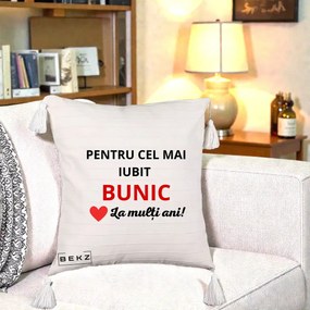 Cadou pentru Bunic - Perna Personalizata Pentru Cel Mai Iubit Bunic La Multi Ani Rosu, 40x40 cm, Bej cu Franjuri, Husa Detasabila, Perna Inclusa, BEKZ®