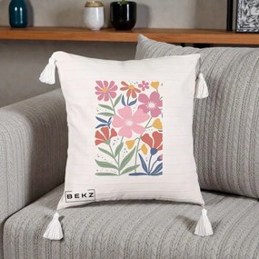 Perna Decorativa Flori Grafice Roz si Terracotta, 40x40 cm, Bej cu Franjuri, Husa Detasabila, Perna Inclusa, BEKZ®