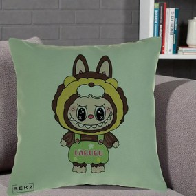 Perna Personalizata Labubu Leu Galben cu Salopeta, 40x40 cm, Verde, Husa Detasabila, Perna Inclusa, BEKZ®