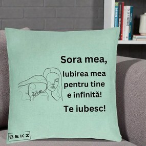 Cadou pentru Sora - Perna Personalizata Sora Mea Te Iubesc Line Art Portrete Fata in Fata, 40x40 cm, Verde Menta, Husa Detasabila, Perna Inclusa, BEKZ®