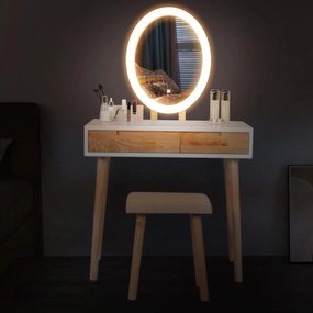 Masuta machiaj cu Oglinda LED si 2 Sertare pentru Cosmetice, Set Masa toaleta 70 cm, Alb, masuta cosmetica, vanity - SEM235