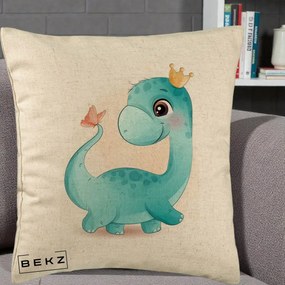 Perna Personalizata Dinozaur Bland Coroana Kawaii, 40x40 cm, Bej, Husa Detasabila, Perna Inclusa, BEKZ®