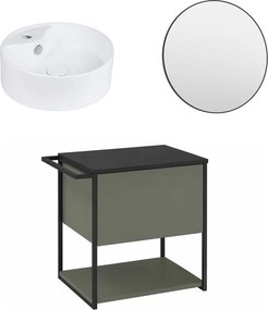 Set dulap baza suspendat Krofam Lov verde-negru 60 cm blat negru cu lavoar 38 cm si oglinda cu rama neagra