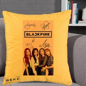 Perna Personalizata K-pop BLACKPINK Semnaturi si Foto, 40x40 cm, Galben, Husa Detasabila, Perna Inclusa, BEKZ®