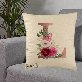 Cadou Personalizat - Perna Personalizata Monograma Rose Gold Litera L, 40x40 cm, Bej, Husa Detasabila, Perna Inclusa, BEKZ®