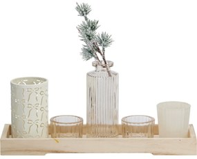 Set de sfeșnice pe tavă din lemn Winter Time, 6bucăți, 10,5 x 32,5 cm