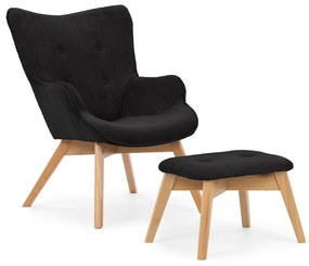 Fotoliu cu taburet negru cu tapițerie din catifea reiată Niko – Ropez