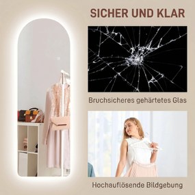 HOMCOM Oglindă de Perete în Formă de Arc cu Iluminare LED, Control Tactil și Sticlă Călită, 40x3x120 cm, Transparentă | Aosom Romania