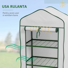 Outsunny Mini Seră pe 3 Nivele cu Acoperiș PE Întărit, Seră Portabilă cu Ușă Rulantă și Rafturi din Sârmă, 59x39x127 cm, Alb | Aosom Romania