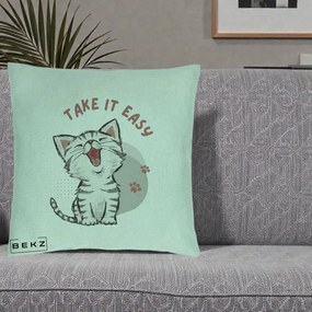 Perna Personalizata Take It Easy Cat, 40x40 cm, Verde Menta, Husa Detasabila, Perna Inclusa, BEKZ®