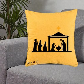 Perna Decorativa Nasterea Pruncului Silueta Neagra si Stea Aurie, 40x40 cm, Galben, Husa Detasabila, Perna Inclusa, BEKZ®