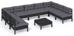 3097185 vidaXL Set mobilier de grădină cu perne 10 piese negru lemn masiv pin