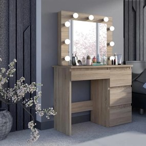 SEM525 - Set Masa toaleta, 94 cm, moderna cosmetica machiaj oglinda, masuta vanity, oglinda 9 LED, cu sau fara scaun - Sonoma