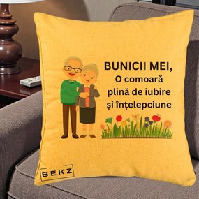 Cadou pentru Bunici - Perna Personalizata Bunicii Mei Comoara Cuplu Senior cu Flori Colorat, 40x40 cm, Galben, Husa Detasabila, Perna Inclusa, BEKZ®