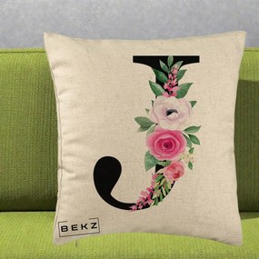 Cadou Personalizat - Perna Personalizata Monograma Florala Litera J, 40x40 cm, Bej, Husa Detasabila, Perna Inclusa, BEKZ®