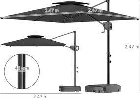 Outsunny Umbrelă de Soare Suspendată cu Parte Superioară Dublă, Mâner cu Manivelă și Înclinare, 247x247x268 cm, Gri | Aosom Romania