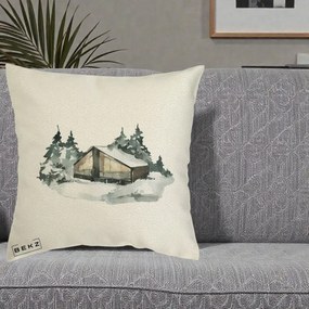 Perna Decorativa Cabana de Iarna in Padure, 40x40 cm, Ecru, Husa Detasabila, Perna Inclusa, BEKZ®