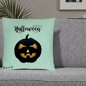 Perna Decorativa Happy Halloween Dovleac Negru cu Paianjen, 40x40 cm, Verde Menta, Husa Detasabila, Perna Inclusa, BEKZ®