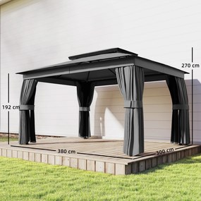 Outsunny Pavilion de Grădină 3,8x3 m cu Perdele, Plasă de Țânțari, Cârlige, Pavilion de Exterior cu Acoperiș Dublu, Orificii de Drenaj, Structură Metalică, pentru Grădină, Terasă, Petreceri, UV30+, Gri Închis | Aosom Romania