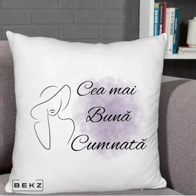 Cadou pentru Cumnata - Perna Personalizata Cea mai Buna Cumnata cu Silueta Dama si Pete Violet, 40x40 cm, Alb Pufos, Husa Detasabila, Perna Inclusa, BEKZ®