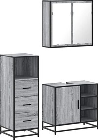 vidaXL Set mobilier de baie, 3 piese, gri sonoma, lemn prelucrat