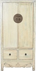 Dulap înalt vintage din lemn de pin, alb, cu 2 uși, 2 sertare, bară pentru haine și medalion din metal, finisaj antichizat, 180 x 88 x 52 cm, „Squr”