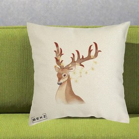 Perna Decorativa Ren cu Luminite de Craciun, 40x40 cm, Ecru, Husa Detasabila, Perna Inclusa, BEKZ®