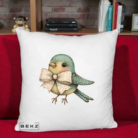 Perna Decorativa Pasare Teal cu Fundita cu Buline, 40x40 cm, Alb Pufos, Husa Detasabila, Perna Inclusa, BEKZ®