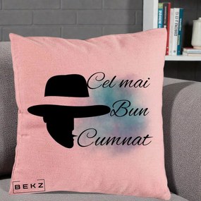 Cadou pentru Cumnat - Perna Personalizata Cel mai Bun Cumnat cu Silueta Palarie si Pete Teal-Roz, 40x40 cm, Roz, Husa Detasabila, Perna Inclusa, BEKZ®