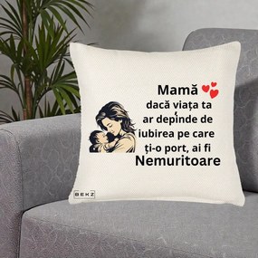 Cadou pentru Mama - Perna Personalizata Mama Nemuritoare Aproape de Bebe, 40x40 cm, Crem Reliefat, Husa Detasabila, Perna Inclusa, BEKZ®