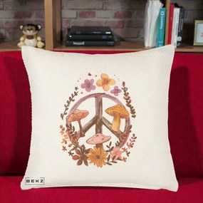 Perna Decorativa Peace Sign Ciuperci Floral, 40x40 cm, Crem Reliefat, Husa Detasabila, Perna Inclusa, BEKZ®