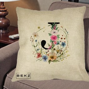 Cadou Personalizat - Perna Personalizata Monogram Litera J cu Flori Acuarela, 40x40 cm, Crem, Husa Detasabila, Perna Inclusa, BEKZ®