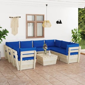 Set mobilier gradina din paleti, 9 piese, cu perne, lemn de molid Albastru, 4x mijloc + 4x colt + masa, 1