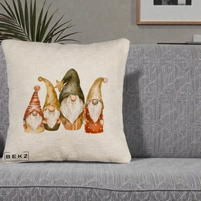 Perna Decorativa Gnomi de Craciun Patru, 40x40 cm, Bej Canapea, Husa Detasabila, Perna Inclusa, BEKZ®