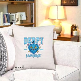 Perna Personalizata K-pop HUNTRX Derpy Pisica Albastra, 40x40 cm, Bej cu Franjuri, Husa Detasabila, Perna Inclusa, BEKZ®