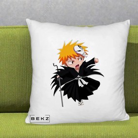 Perna Personalizata Bleach Ichigo Chibi cu Masca, 40x40 cm, Alb Pufos, Husa Detasabila, Perna Inclusa, BEKZ®