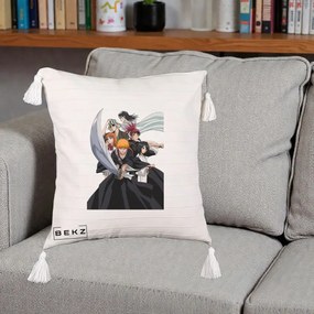 Perna Personalizata Bleach Grup Complet Ichigo si Prietenii, 40x40 cm, Bej cu Franjuri, Husa Detasabila, Perna Inclusa, BEKZ®